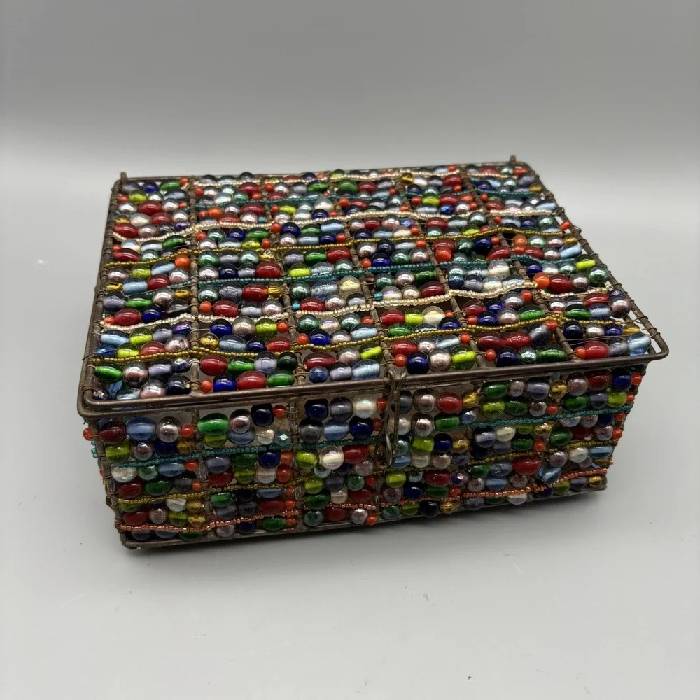 Vintage Glass Beaded Metal Jewelry‎ Box Copper Color Boho Retro